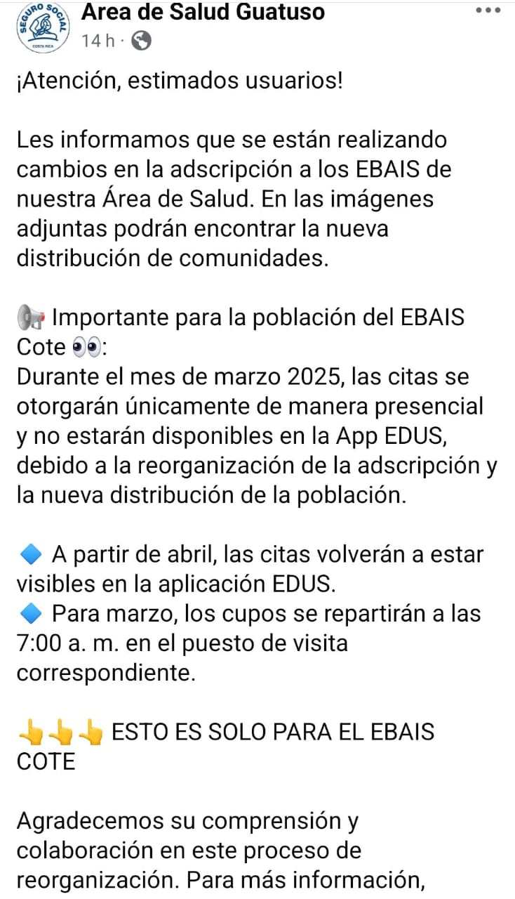 Nueva distribución de comunidades para el EBAIS de Cote
